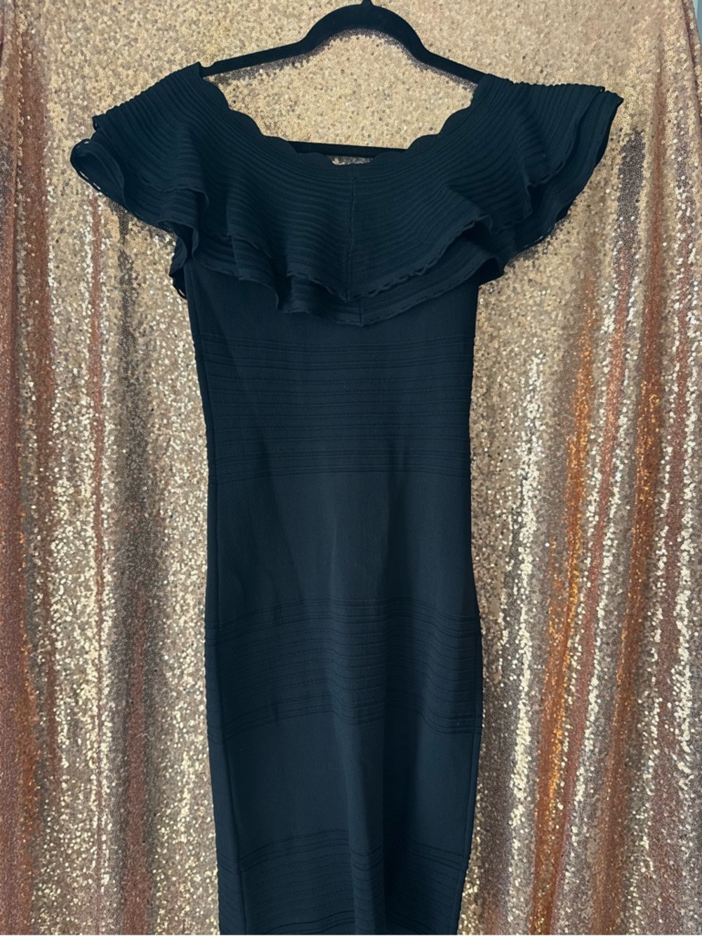 Eliza J Elegant Black Off-Shoulder Ruffle Midi Dress